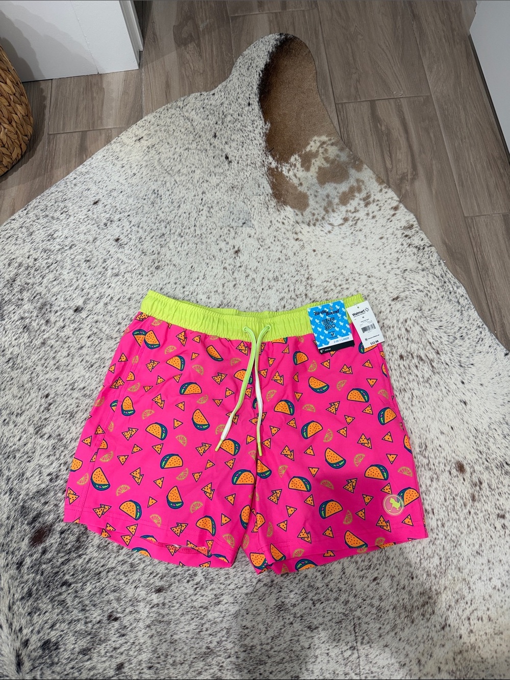 Men's Neon Pink taco & nacho Print Swim Trunks with Lime Waistband